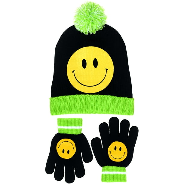 Girls Emoji Smiley Face Bold Striped Knit Pom Pom Beanie & Gloves in Fun Colors 